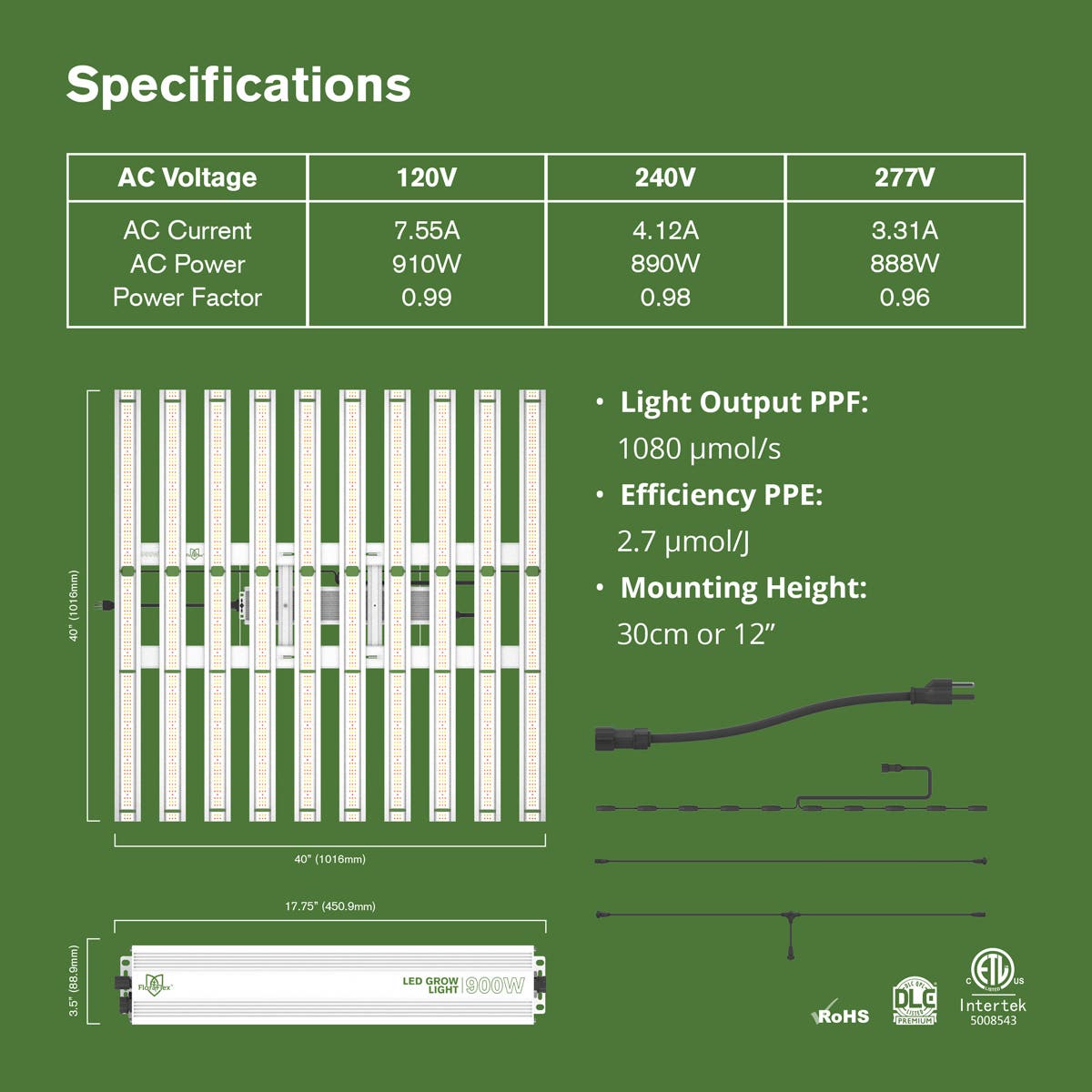 FloraFlex Full-Spectrum 900W LED|Specification chart