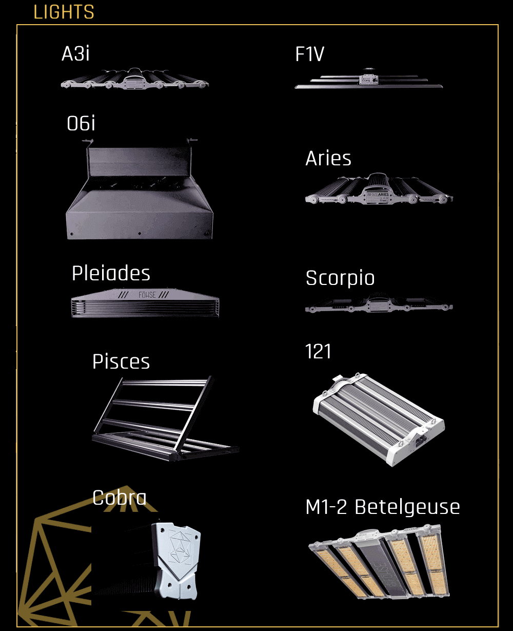 Fohse LED Lighting.  A3i, F1V, O6i, Aries, Pleiades, Scorpio, Pisces, 121, Cobra, M1-2 Betelgeuse