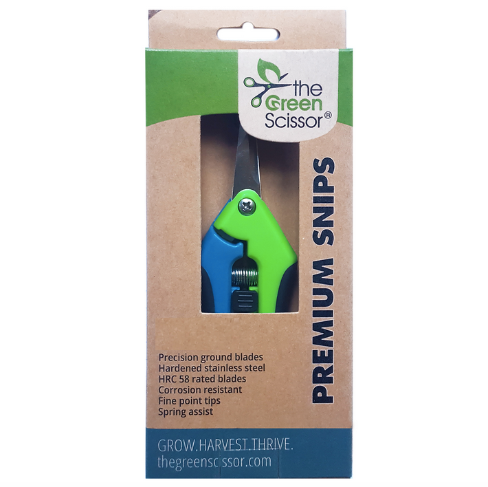 The Green Scissor Premium Snips packaged in 100% recycled/recyclable cartons and printed with soy based ink.
