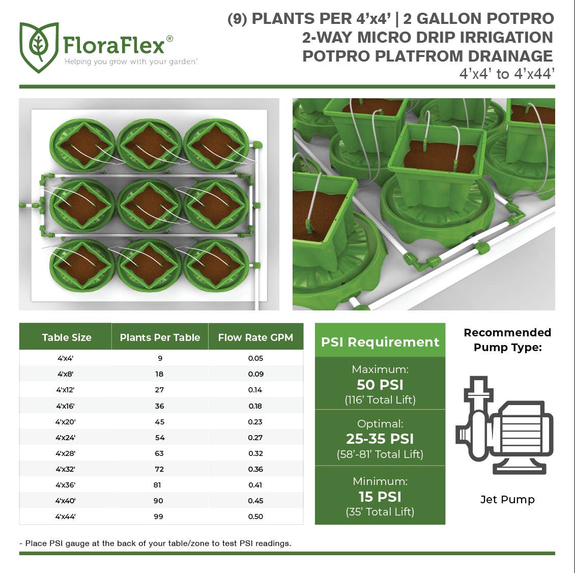 FloraFlex 9 Plant Micro Drip Irrigation & Drainage Kit Specifications