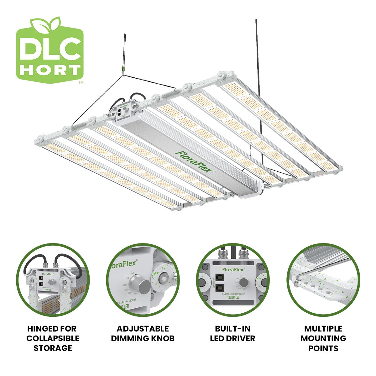 FloraFlex Full-Spectrum 1200W LED Light with specifications