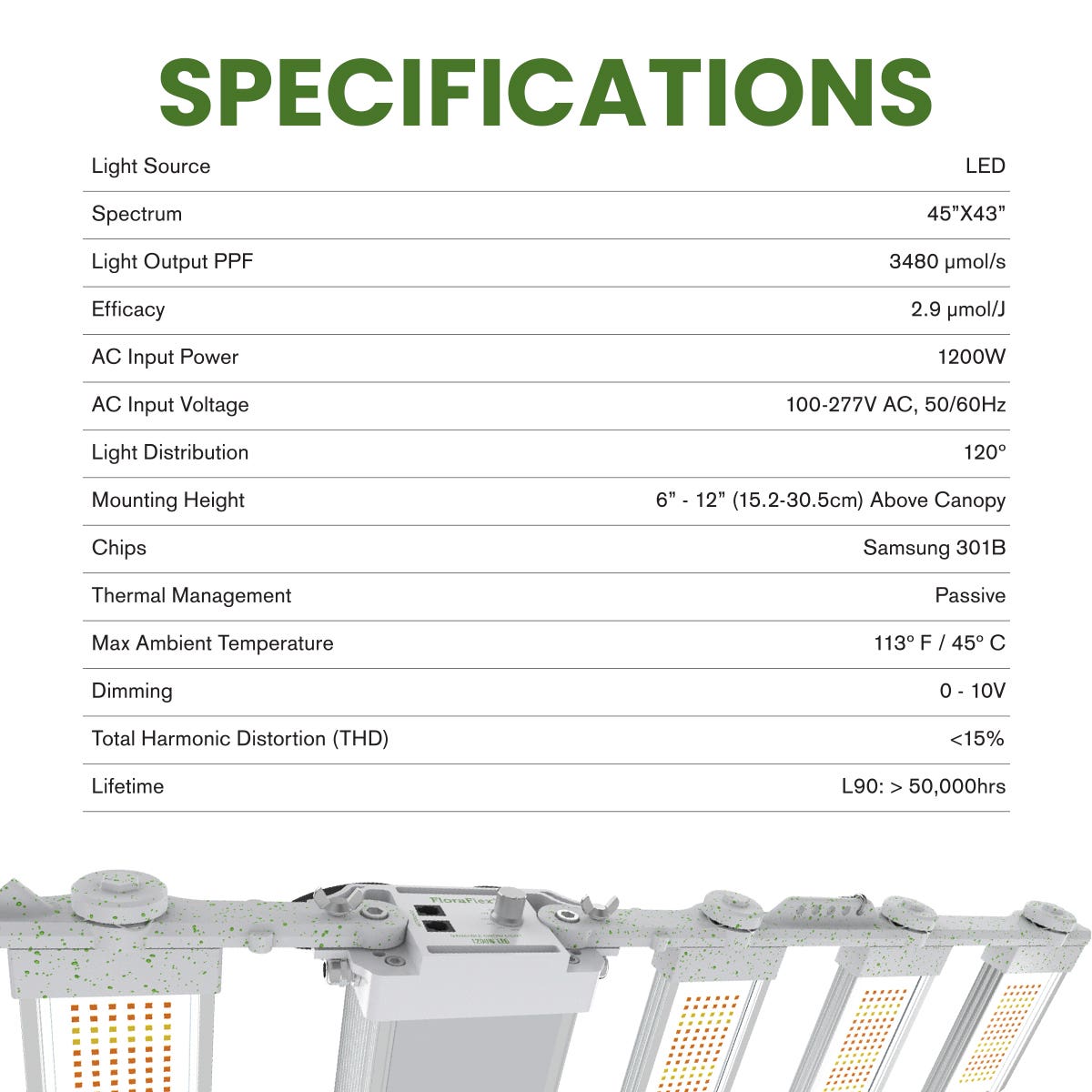 FloraFlex Full-Spectrum 1200W LED Light Specifications