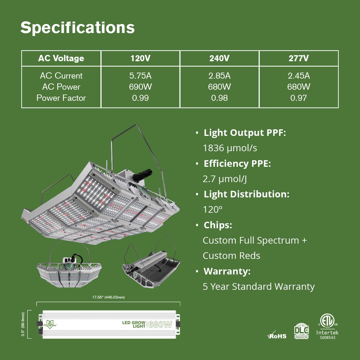 High Bay 680W LED Grow Light, Specificaitons