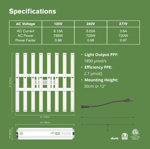 FloraFlex Full-Spectrum 700W LED Grow Light Specifications