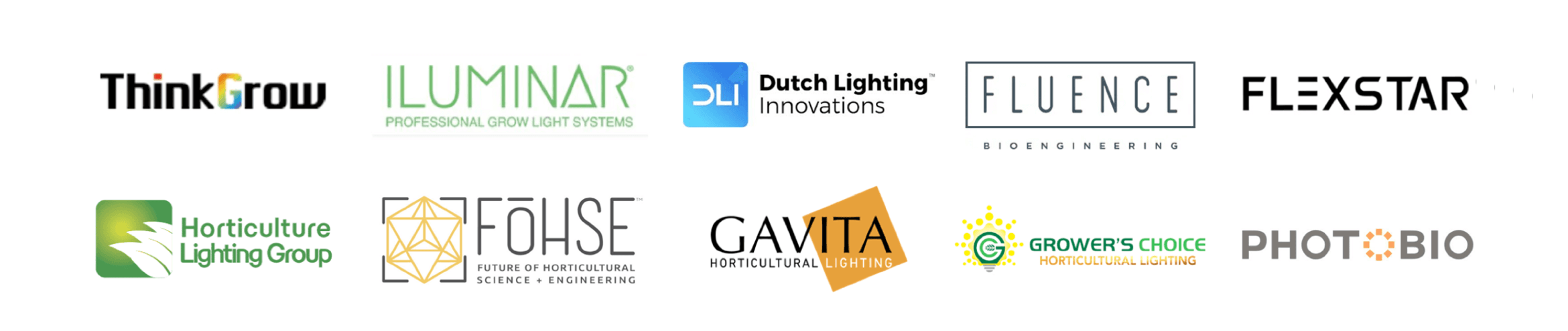 ThinkGrow, Iluminar, Dutch Lighting Innovations, Fluence, Flexstar, HLG, Fohse, Gavita, Grower's Choice, Photobio