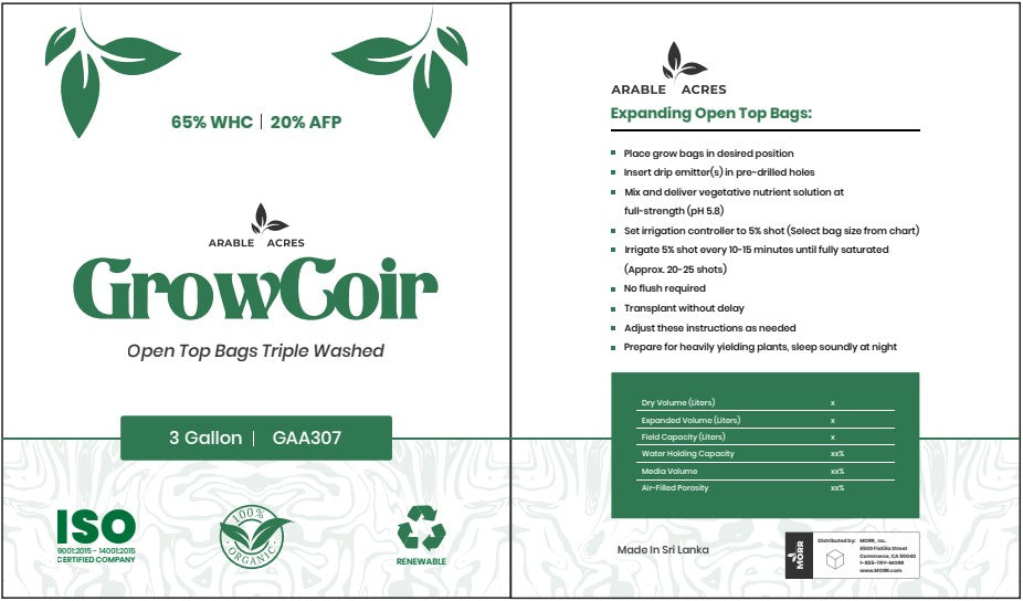Arable Acres Growcoir Super Washed Open Top Bags