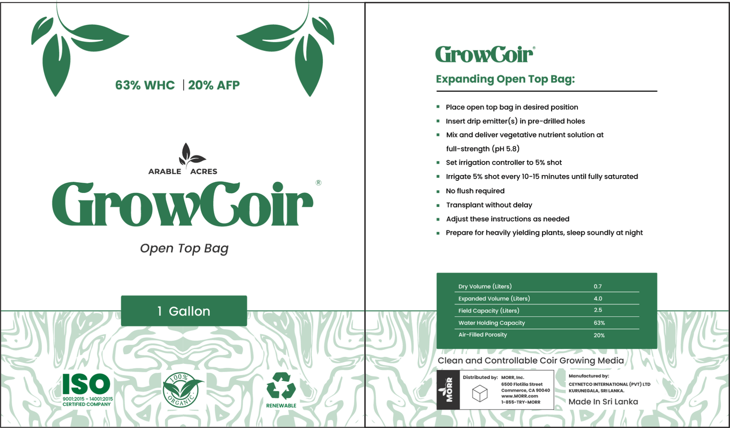 Arable Acres Growcoir Super Washed Open Top Bags 63% WHC / 20% AFP - 1 Gallon
