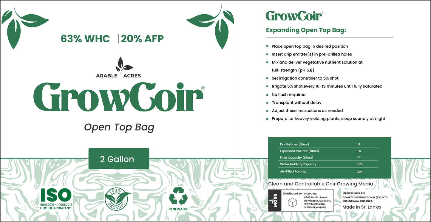 Arable Acres Growcoir Super Washed Open Top Bags 63% WHC / 20% AFP - 2 Gallon 