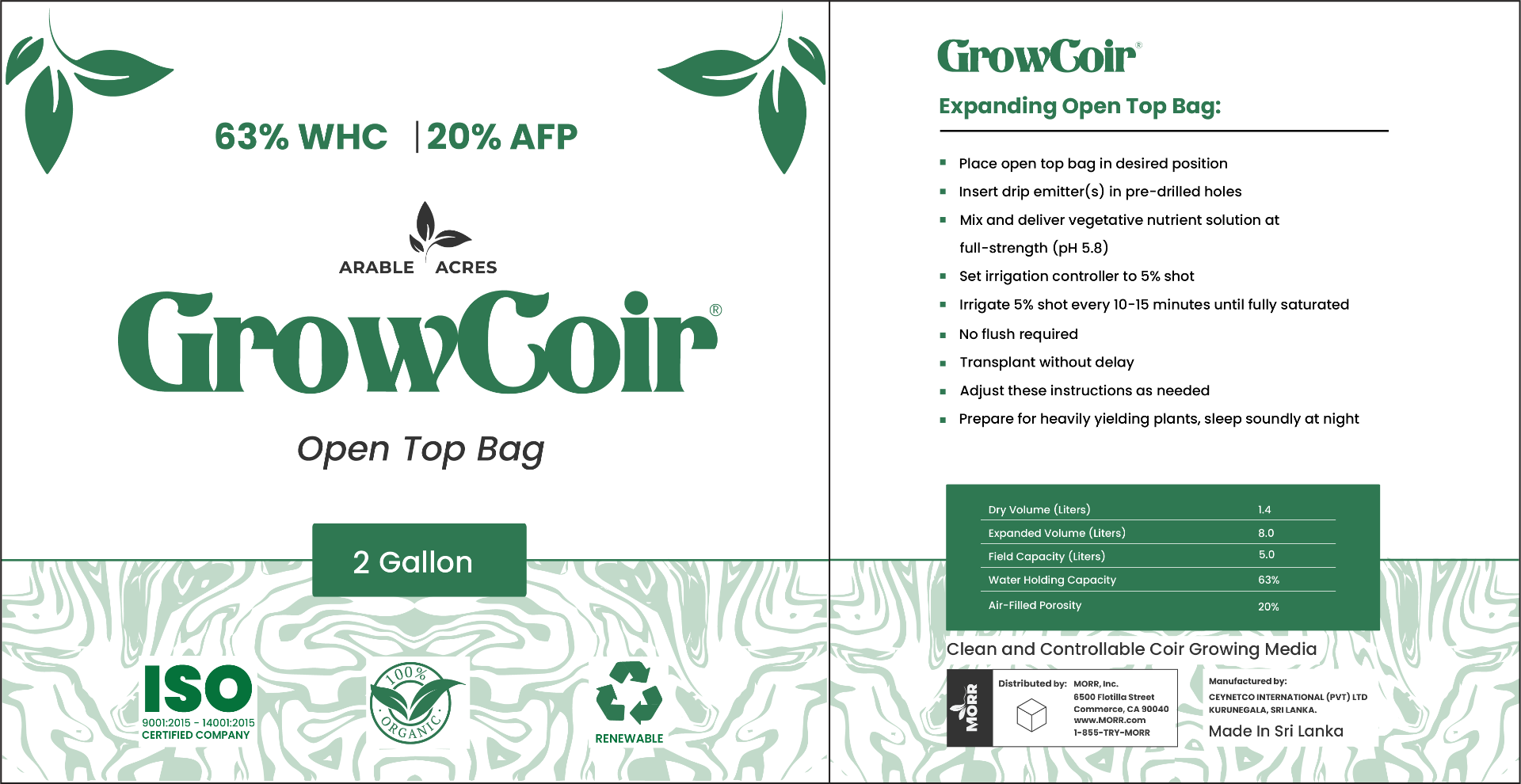 Arable Acres Growcoir Super Washed Open Top Bags 63% WHC / 20% AFP - 2 Gallon 