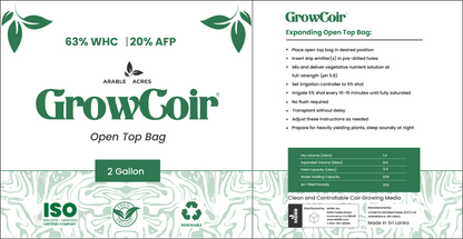 Arable Acres Growcoir Super Washed Open Top Bags 63% WHC / 20% AFP - 2 Gallon 