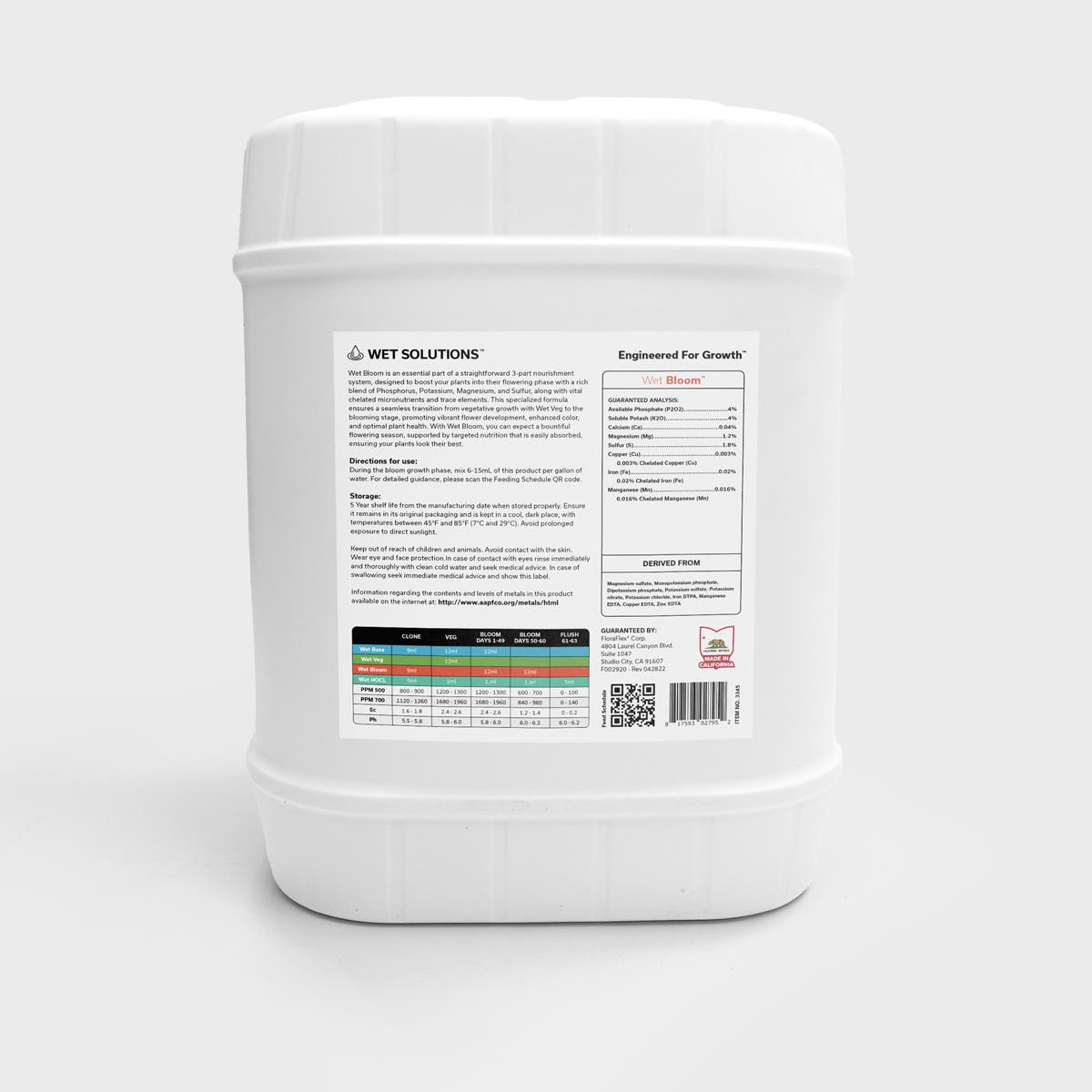 Wet Solutions Wet Bloom Back Label with directions for use and chart