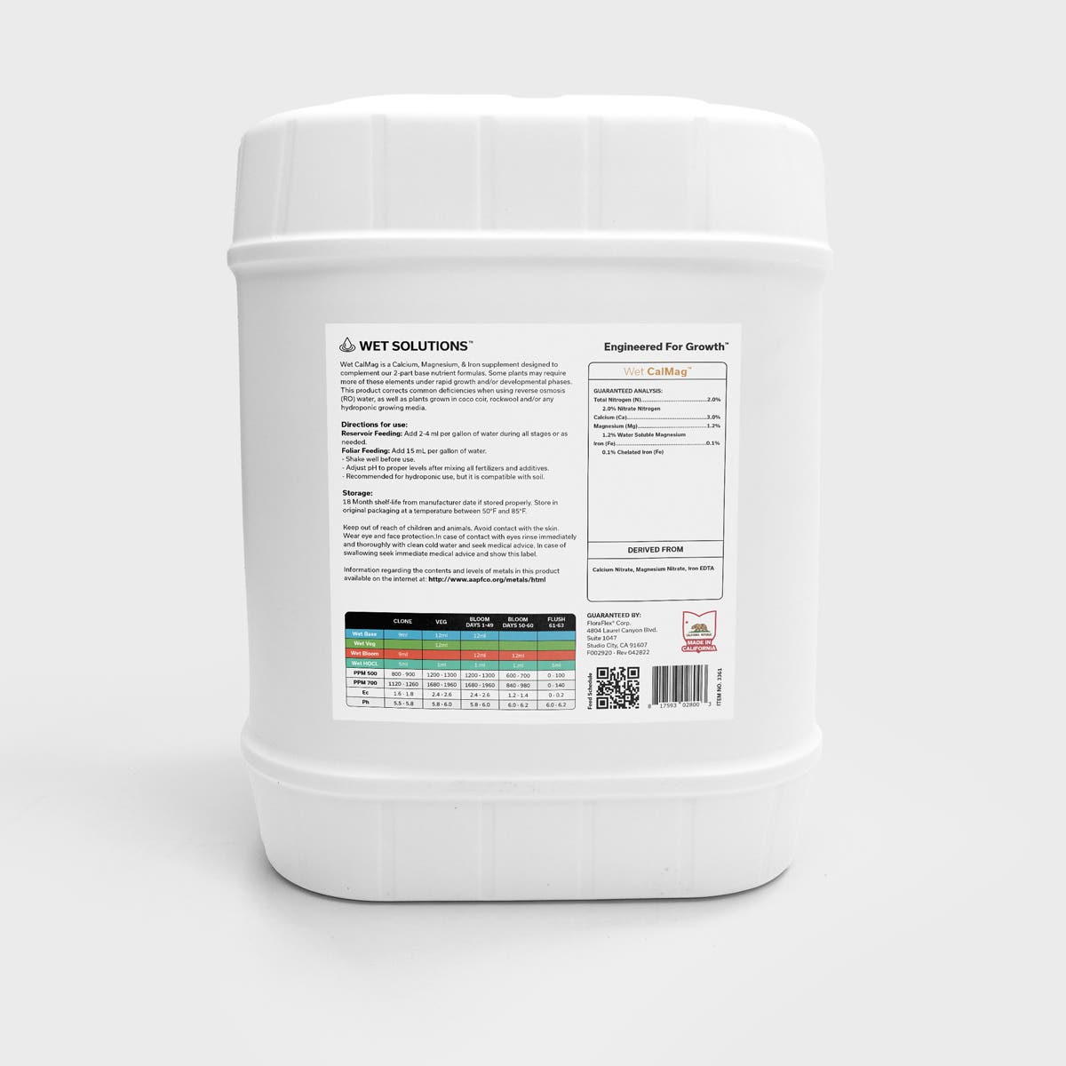 Wet Solutions Wet CalMag Label with directions for use and chart