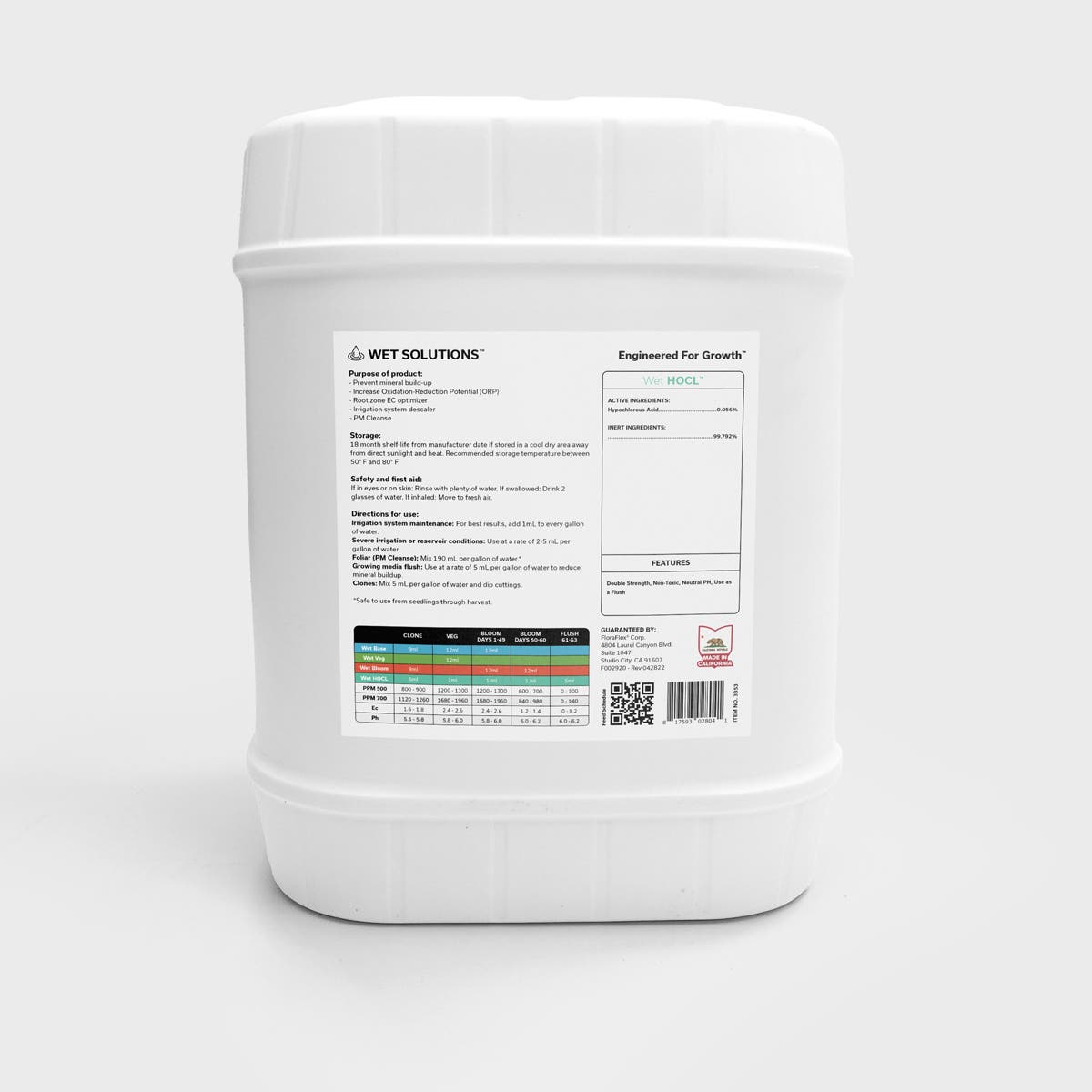 Wet Solutions Wet HOCL Product Label with instructions and chart